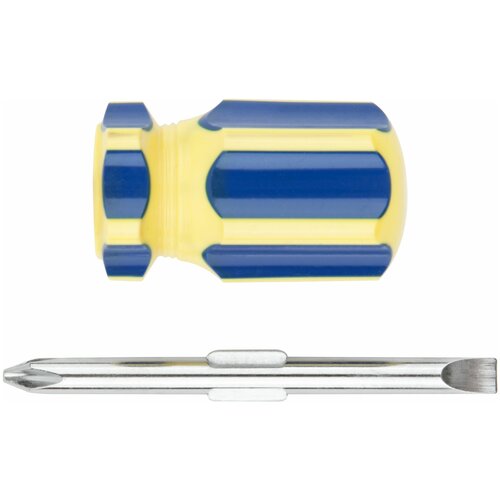 Отвертка с переставным жалом коротыш, CrV сталь, сине-желтая пластиковая ручка 6х32 мм PH2/SL6 отвертка с переставным жалом коротыш пластиковая красная прозрачная ручка 6x28 мм ph2 sl6 fit 56209