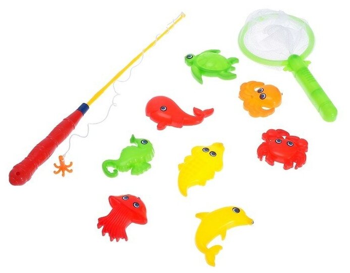 Магнитная рыбалка для детей "Морские жители", 10 предметов: 1 удочка, 1 сачок, 8 игрушек, цвета в ассортименте