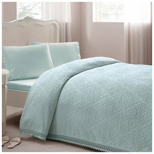 фото Постельное белье с махровой простынью-покрывалом для укрывания tivolyo home la perla бирюзовый евро