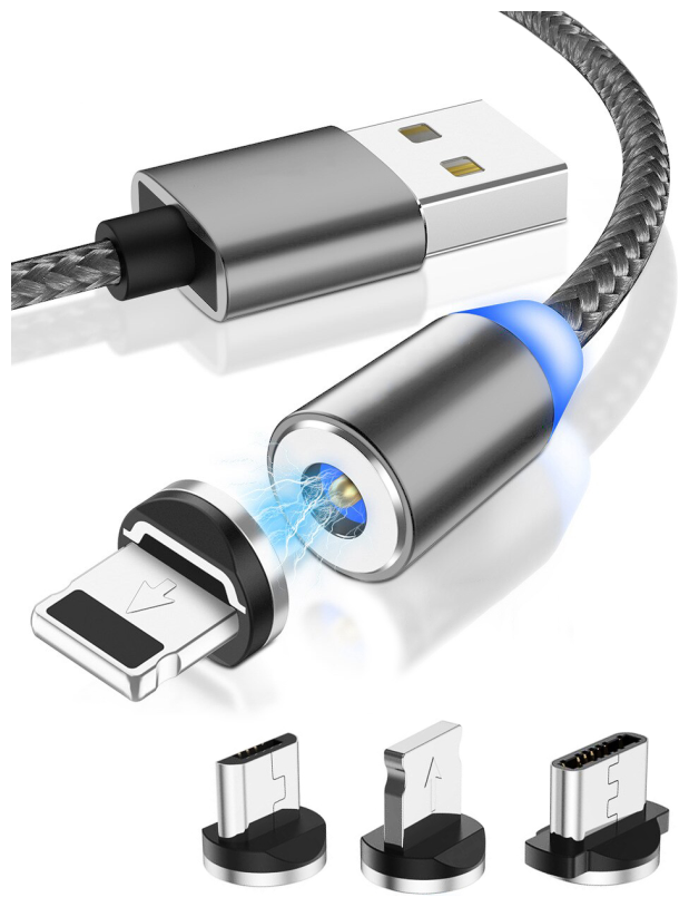 Магнитный USB-кабель для зарядки телефона 3в1 с 3-мя разъемами. Провод с Type-C, Micro-USB и Lightning, золотой шнур