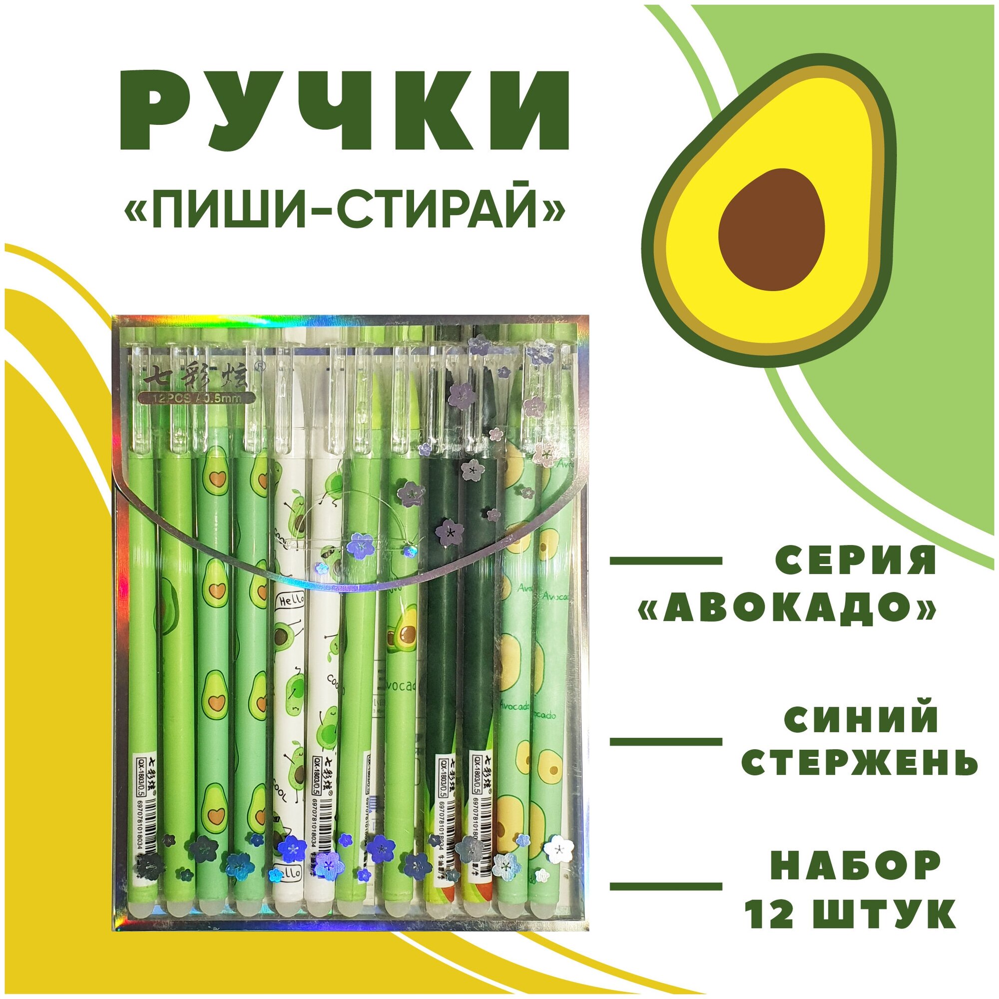 Ручка "Пиши-стирай" гелевая Avocado, набор из 12 штук