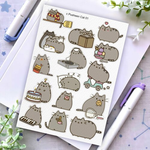 Наклейки коты милые смешные Pusheen Cat, на бумаге А5, один лист