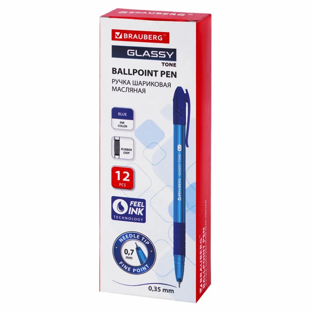 Ручка шариковая BRAUBERG "GLASSY TONE" синяя, комплект 12 штук, линия письма 0,35 мм