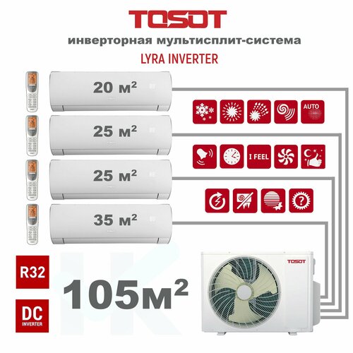 Инверторная мульти сплит-система TOSOT серии LYRA INVERTER R32 на 4 комнаты (20 м2 + 25 м2 + 25 м2 + 35 м2) с наружным блоком 105 м2 , Постоянная работа