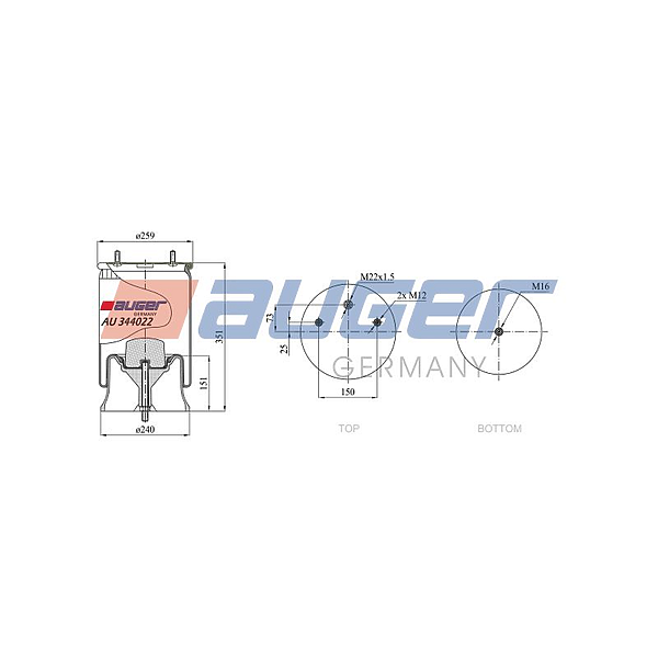 AUGER AU 344022-KP05 пневмоп. со стак 4022np05 порш. плас.2шп. м12 1отв. штуц. м22х1.5 1шп. штуц. м16\ saf