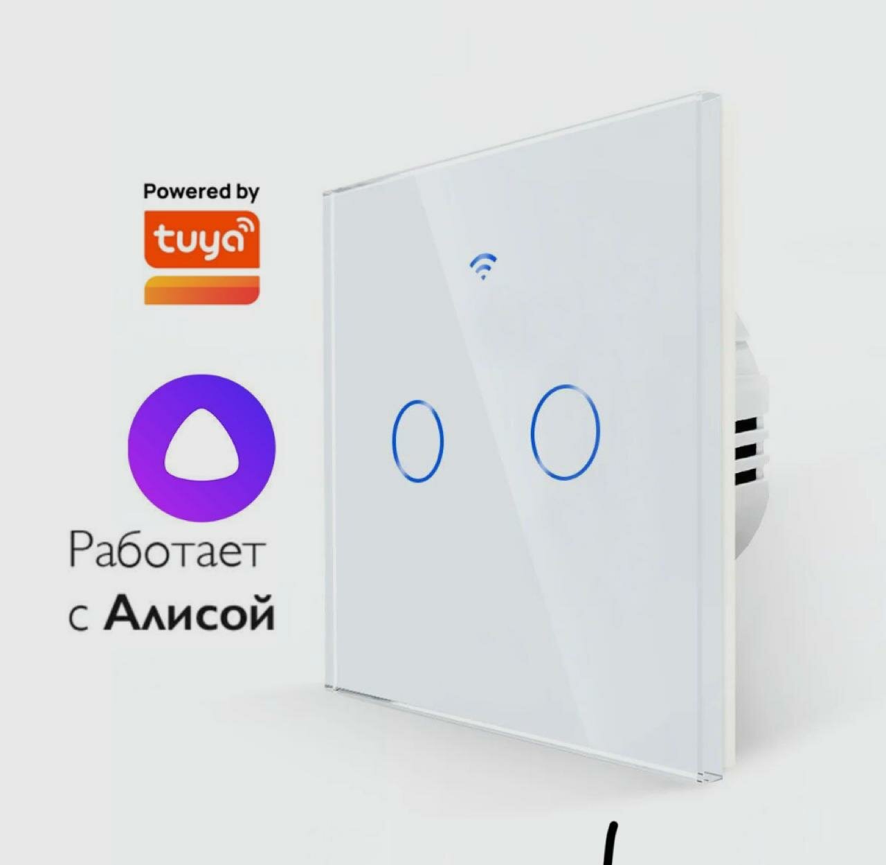 Умный, сенсорный , влагостойкий, WiFi, выключатель двухклавишный белый с Алисой/ TUYA SMART LIFE/ Без нуля и с нулем