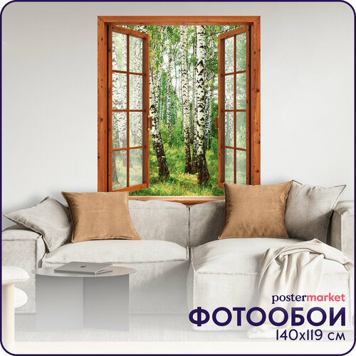 Фотообои бумажные Postermarket Окно в берёзовую рощу 119х140 см