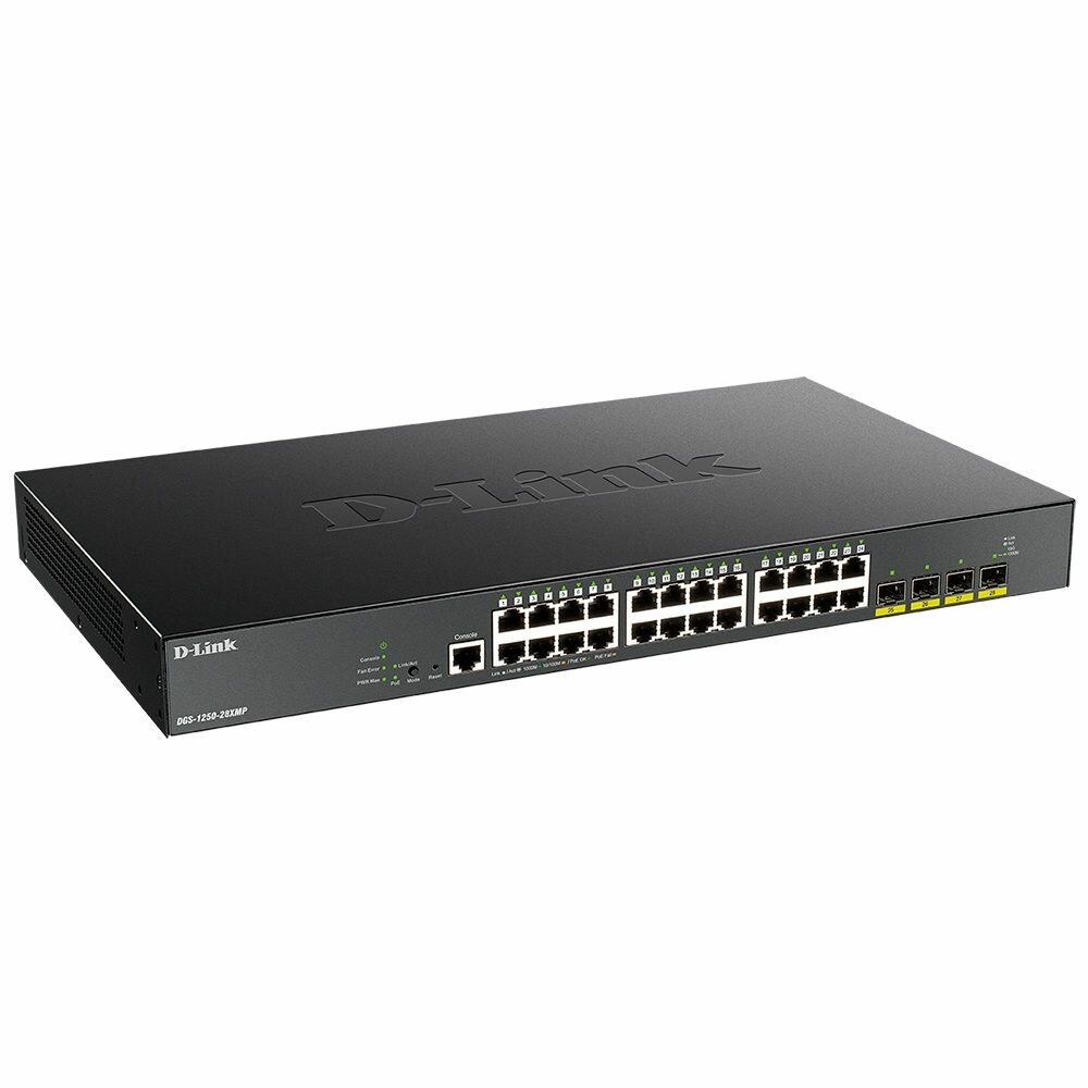 D-Link Коммутатор D-Link DGS-1250-28XMP/A1A L2 Smart Switch with 24 10/100/1000Base-T ports and 4 10GBase-X SFP+ ports (24 PoE ports 802.3af/802.3at (30 W), PoE Budget 370W), {5} (443008) DGS-1250-28XMP/A1A