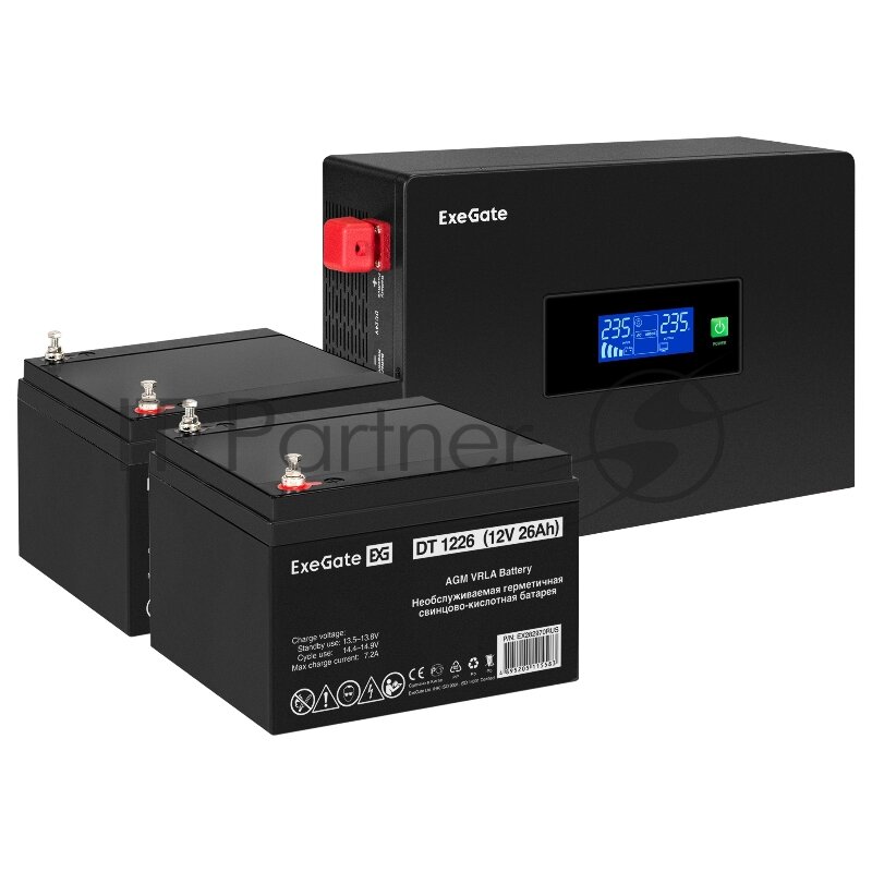 Комплект ИБП EX295994RUS + батарея 26Aч EX282970RUS 2шт (инвертор, синус, для котла, PF=1, настенный) ExeGate IdealSine SR-1500. LCD.2SH <1500VA/1500W — фото 1