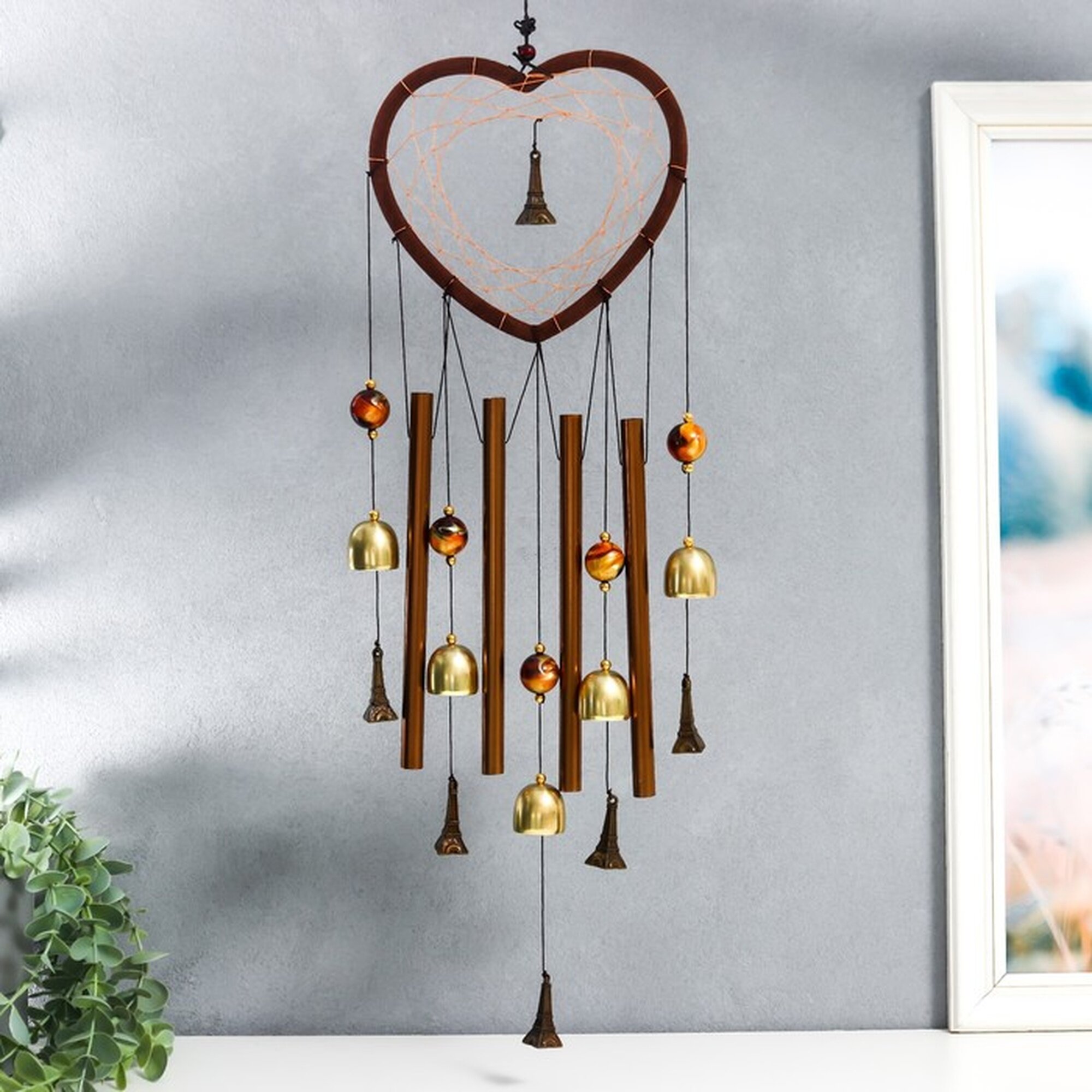 Музыка ветра «Сердце с Эйфелевой башней» металл 4 трубки 5 колокольчиков d=17 см длина 65 см