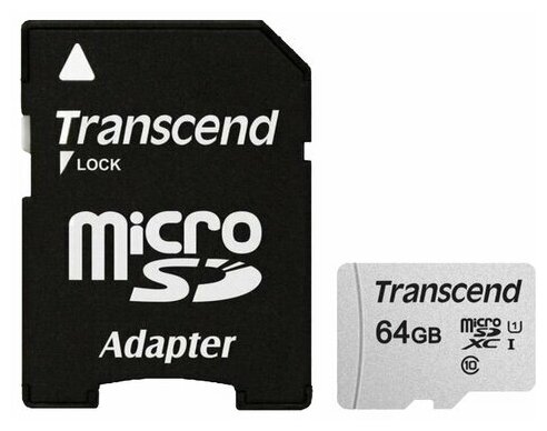 Карта памяти microSDXC UHS-I U1 Transcend 64 ГБ, 100 МБ/с, Class 10, TS64GUSD300S-A, 1 шт, переходник SD