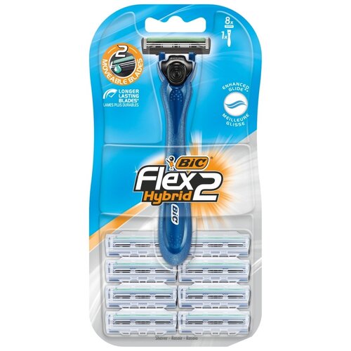 Мужская бритва 2 лезвия BIC Flex 2 Hybrid с плавающей головкой бритвенный станок для мужчин + 8 сменных кассет