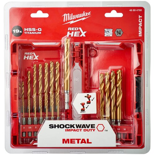 Набор сверл Milwaukee Shockwave Tin Red Hex 48894760, 19 шт 10 мм набор сверл по металлу redhex hss g tin 10 шт milwaukee 48894759