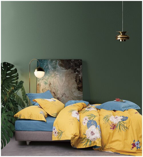 Комплект постельного белья из сатина LS-036 (простыня А) Elin (синий-желтый), 1,5 спальный (наволочки 70x70)