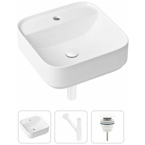 Накладная раковина в ванную Lavinia Boho Bathroom Sink Slim 21520310 в комплекте 3 в 1: умывальник белый, донный клапан и сифон в цвете золото