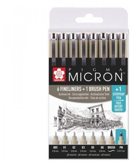 Sakura Набор капиллярных ручек "Pigma Micron" 6шт (0.2мм 025мм 0.3мм 0.35мм 0.45мм 0.5мм) Черный