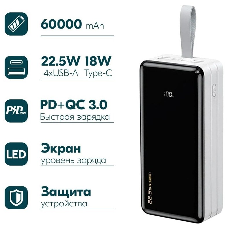 Внешний аккумулятор Remax RPP-173 60000 mAh Hunergy series PD22.5W+QC3.0 power bank (4USB:5V-2.0A Max) Белый