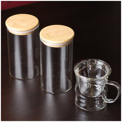 Набор чайный ЛiСТ(LIS51206) Кружка стеклянная заварочная на 400 мл, Банки стеклянные для хранения на 700 мл, 3 предмета