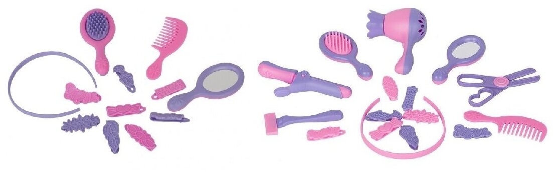Игровой набор Красавица и Парикмахер, 2 в 1, в комплекте расчески, ободок, зеркальце, фен, плойка, заколки, ножницы.