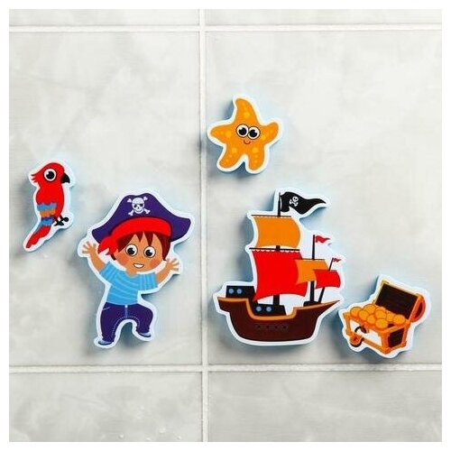 Набор игрушек для ванны Пиратские приключения: фигурки-стикеры из EVA 5 шт. + сетка для хранения игрушек на присосках