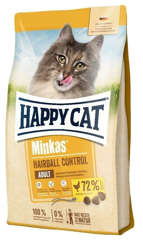 Корм Happy Cat 500гр Minkas Hairball Control для вывода шерсти из желудка, с птицей