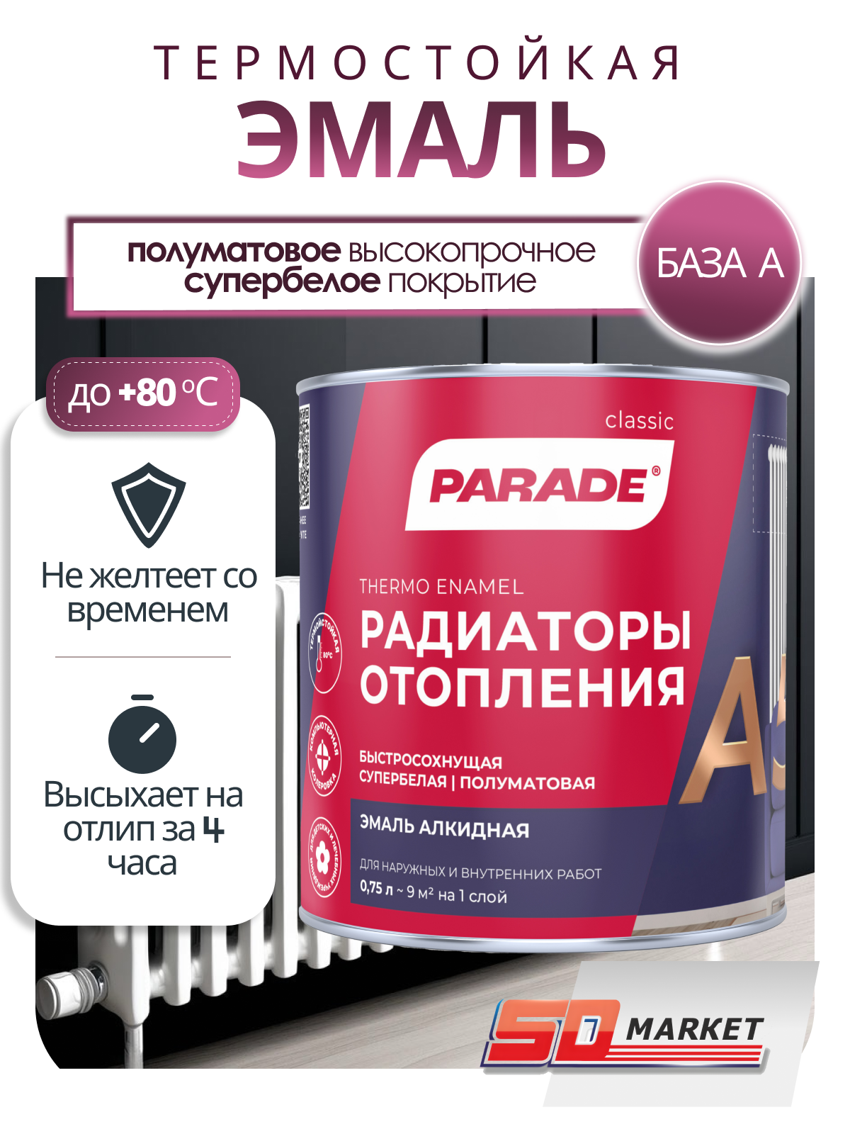 Краска для радиаторов отопления белая 09 л  Parade