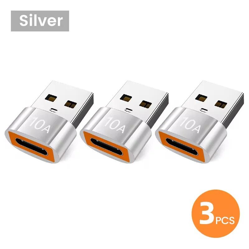 3шт. USB to Type-C адаптер 10A, Silver