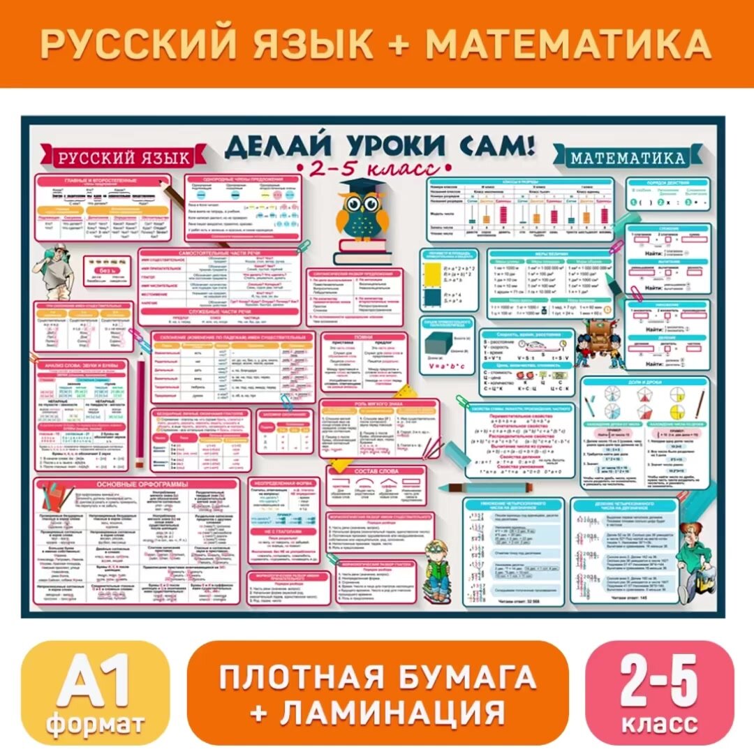 Обучающий плакат А1 «Русский язык и математика (2-5 класс)» для начальной школы, Делай уроки сам! — фото 1