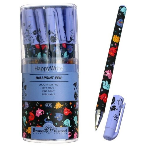 Ручка шариковая HappyWrite Разноцветные слоники, узел 0.5 мм, синие чернила, матовый корпус Silk Touch