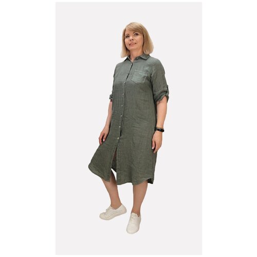фото Платье-рубашка льняное, оливковый htrend
