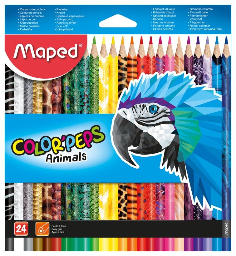 Карандаши цветные MAPED (Франция) «Color'Peps Animals'», 24 цвета, трехгранные, заточенные, европодвес, 832224