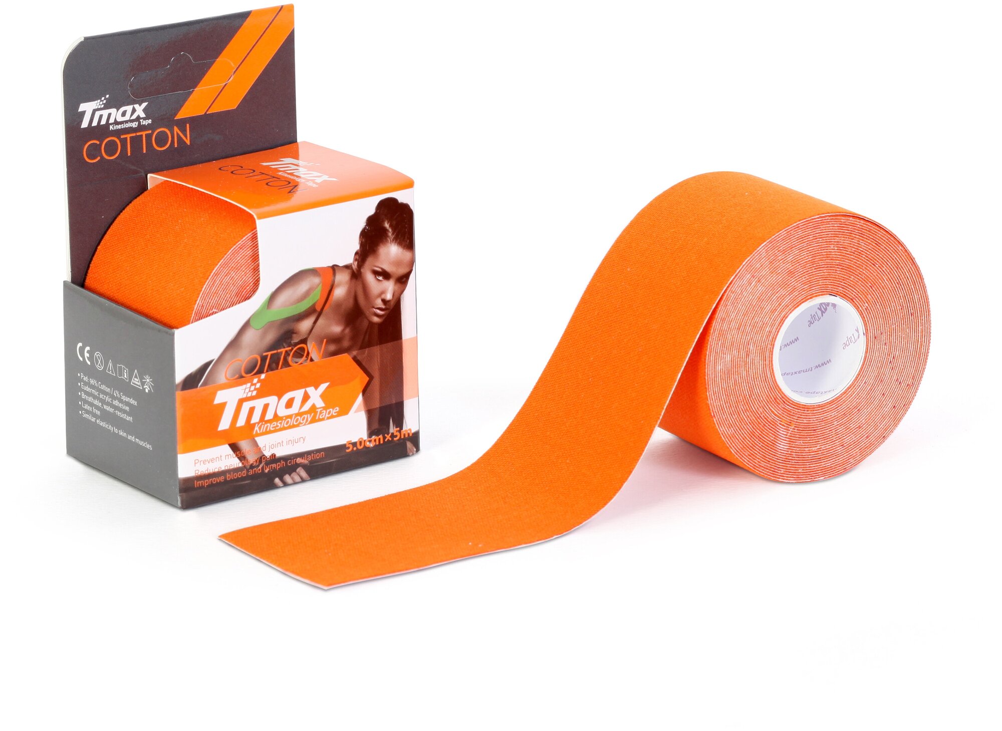 Кинезио тейп хлопок Tmax Extra Sticky 5cm x 5m, оранжевый