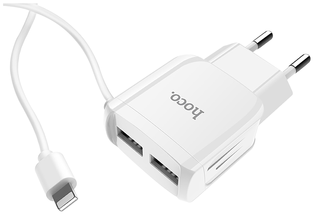 Сетевое зарядное устройство Hoco RC2, 2USB, 2.4A, встроенный кабель Lightning, белый - фото №1