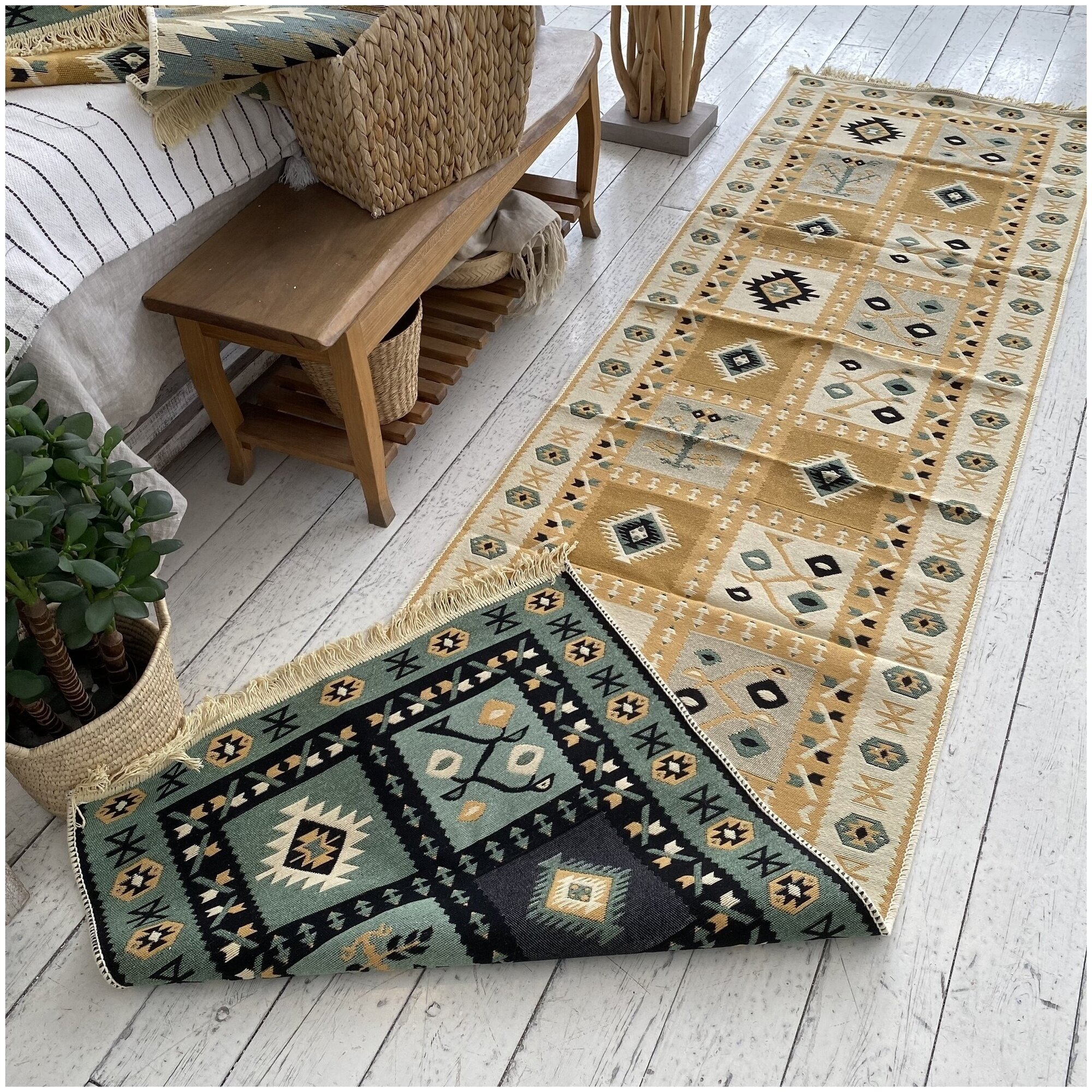Ковровая дорожка турецкая, килим, Raty Green, 80x300 см, двусторонняя - фотография № 5
