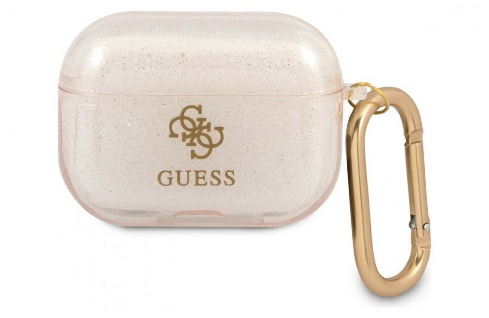 Guess для Airpods Pro чехол TPU with carabin Transparent Glitter 4G Gold