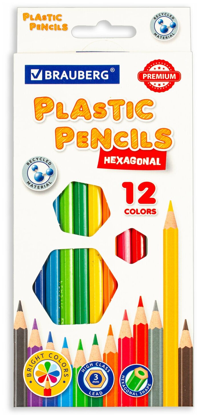 Карандаши цветные пластиковые BRAUBERG PREMIUM, 12 цветов, шестигранные, грифель мягкий 3 мм, 181666