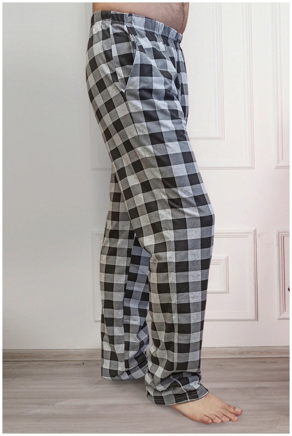 Мужские брюки арт. 22-0489 Серый размер 54 Кулирка Оптима трикотаж рисунок В клетку прямого кроя с карманами пояс на резинке - фотография № 4