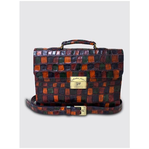 Портфель Bruno Bartello, натуральная кожа, под рептилию, на молнии, на защелке, карман для планшета, отделение для ноутбука, с плечевым ремнем, мультиколор