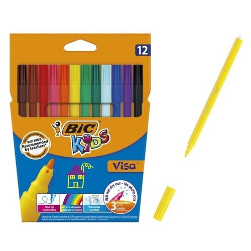 Фломастеры 12 цветов BIC Kids Visa, детские, смываемые, тонкое письмо