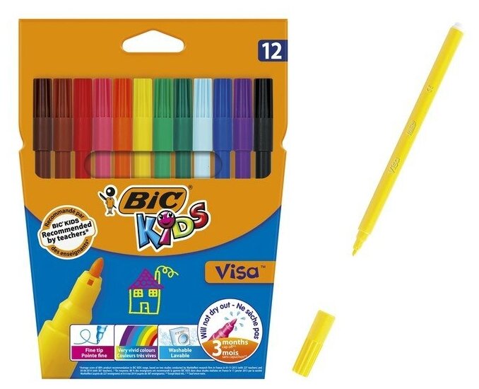 Фломастеры 12 цветов BIC Kids Visa, детские, смываемые, тонкое письмо