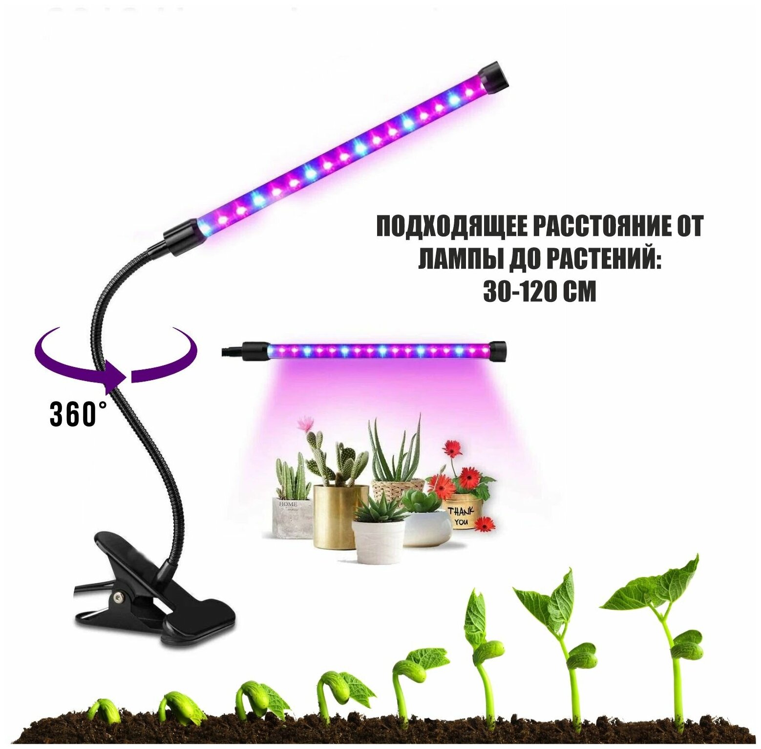 Фитолампа светодиодная для растений с регулируемым зажимом, 1 панель - фотография № 4