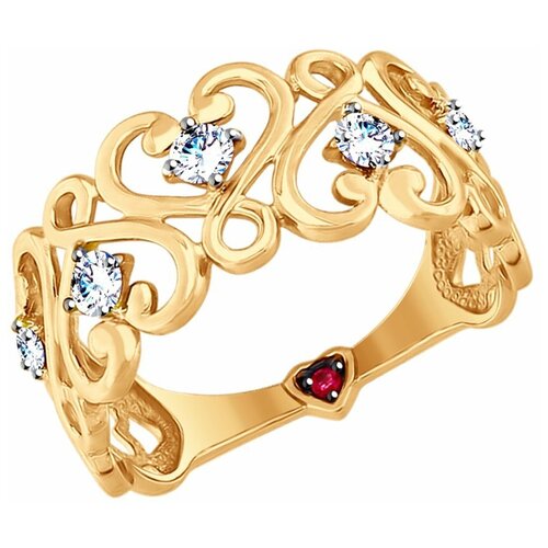 кольцо sokolov из золота с бесцветными и красным фианитами 017534 размер 18 Кольцо SOKOLOV, красное золото, 585 проба, корунд синтетический, фианит, размер 17.5