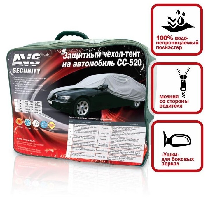 Защитный чехол-тент на автомобиль AVS СС-520 размер S 406х165х119см (водонепроницаемый)