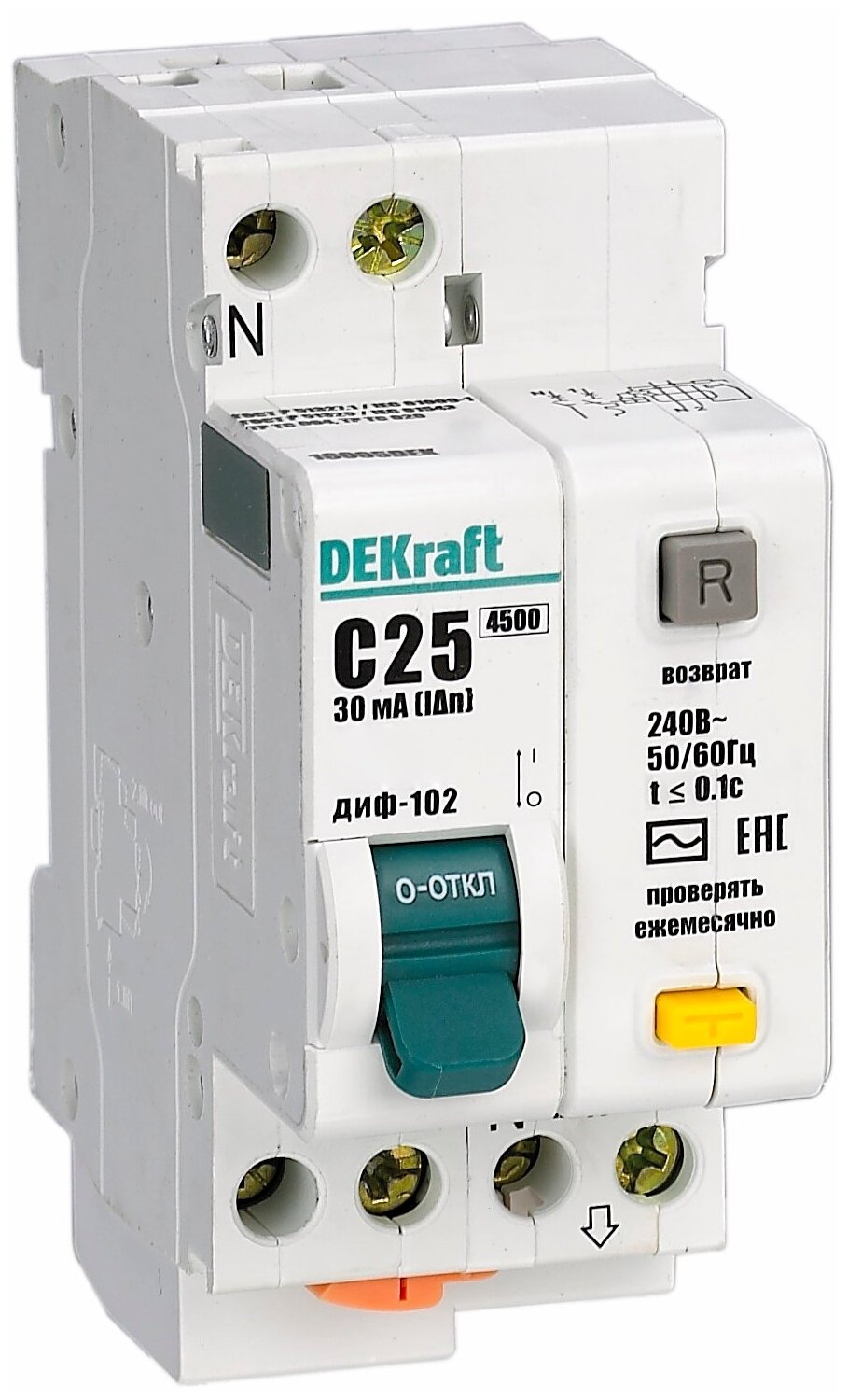 ДИФ-102 дифференциальный автоматический выключатель 1P+N, 25А, 30mA, тип AC, 4,5kA (хар-ка C) DEKraft, 16005DEK