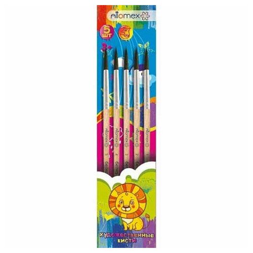 Набор кистей Attomex 5 шт белка 1 2 3 4 5 деревянные ручка пластиковые блистер 8078619 363₽