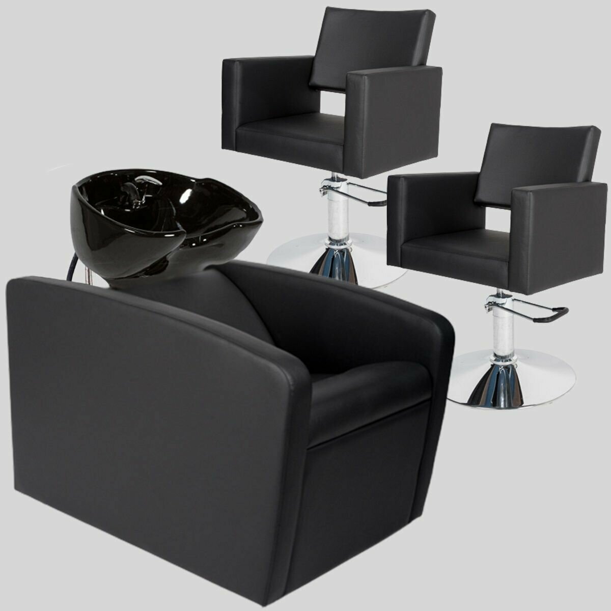 Парикмахерский комплект "Перфект ЭКО", Черный, 2 кресла гидравлика диск, 1 мойка раковина черная глубокая