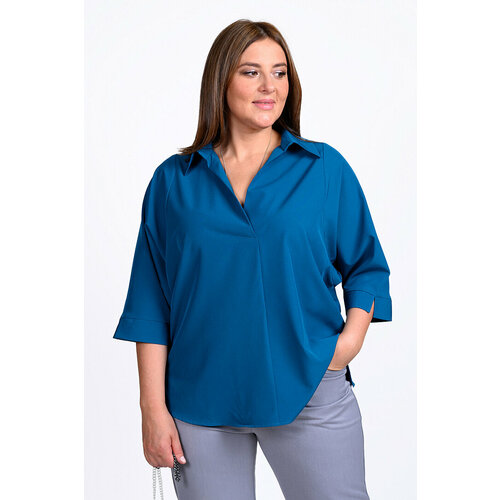 фото Блуза svesta, повседневный стиль, прямой силуэт, укороченный рукав, однотонная, размер 58, голубой