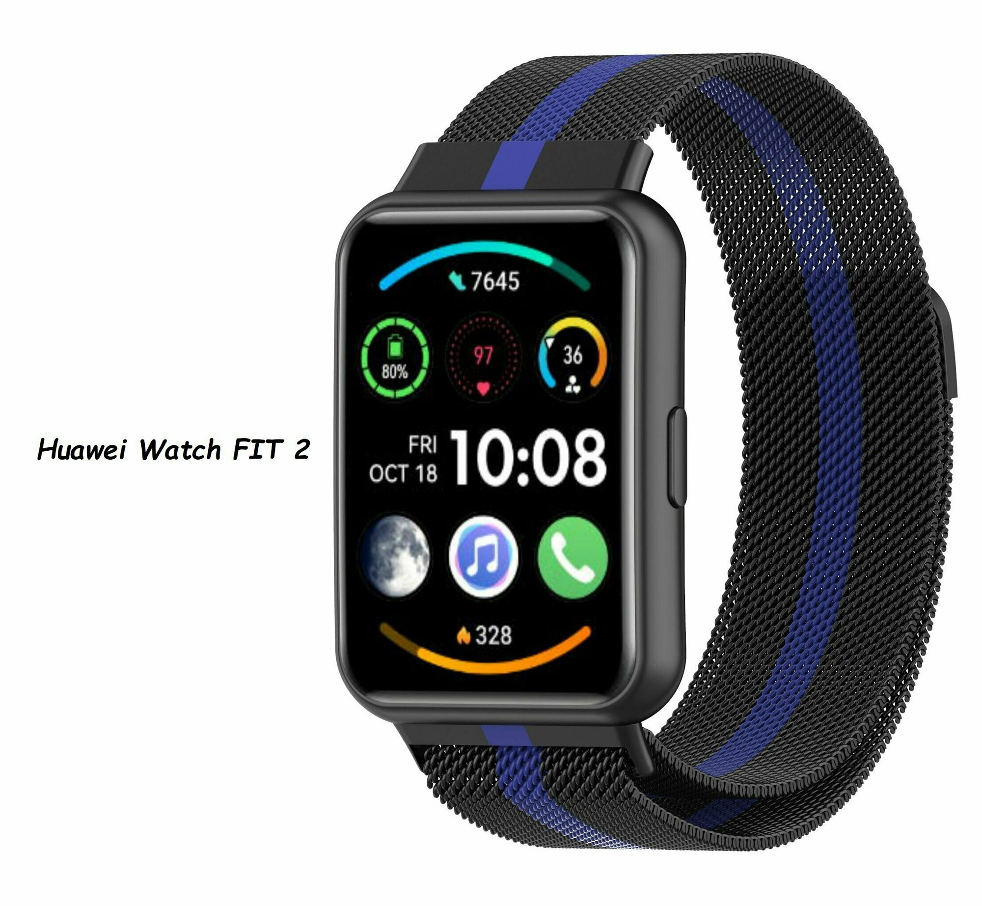 фото Стальной, сменный, миланский ремешок для умных смарт-часов Huawei Watch Fit 2 плетение миланская петля, с магнитным замком, черный с синей полосой