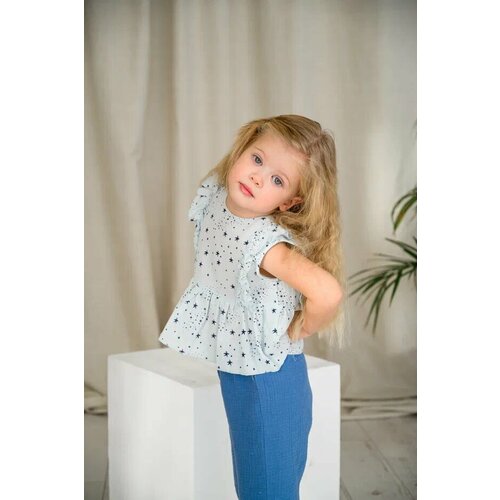 фото Блуза для девочек, хлопок, муслин, на кнопках, без рукава, размер 92, голубой муслиника