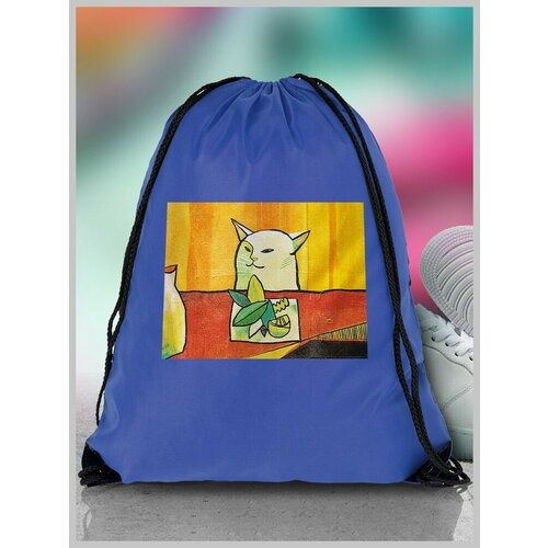 Мешок для сменной обуви ДТФ синий котик Мем Матисс Подарок для сестры брата друга подружке - 3560 690₽